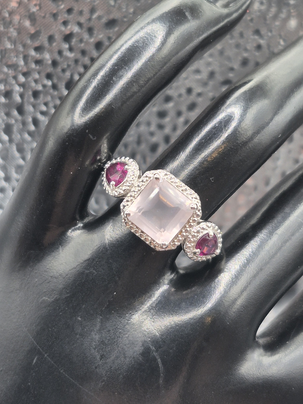 Genuine Pink Quartz With Two Rubelite Side Accents